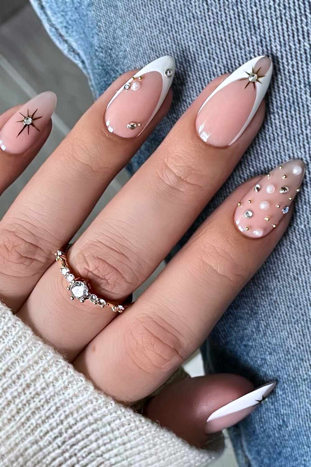 White celestial French mani with pearls and gems