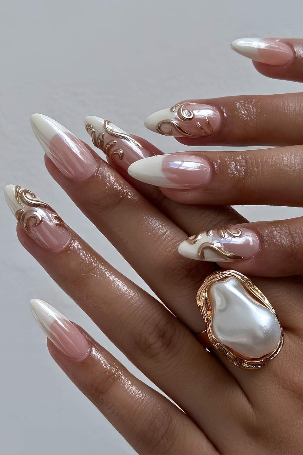 White chrome French mani with textured gold art