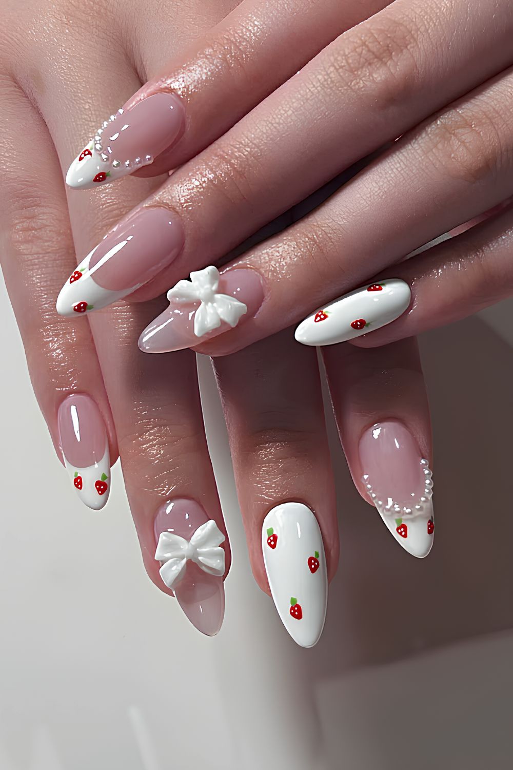 White coquette nails with strawberries
