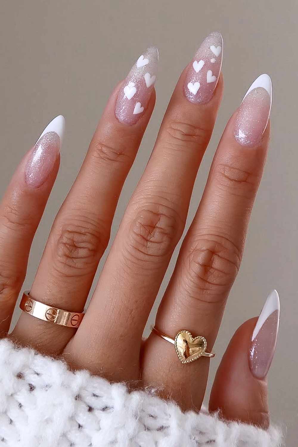 White heart French mani on a shimmery base
