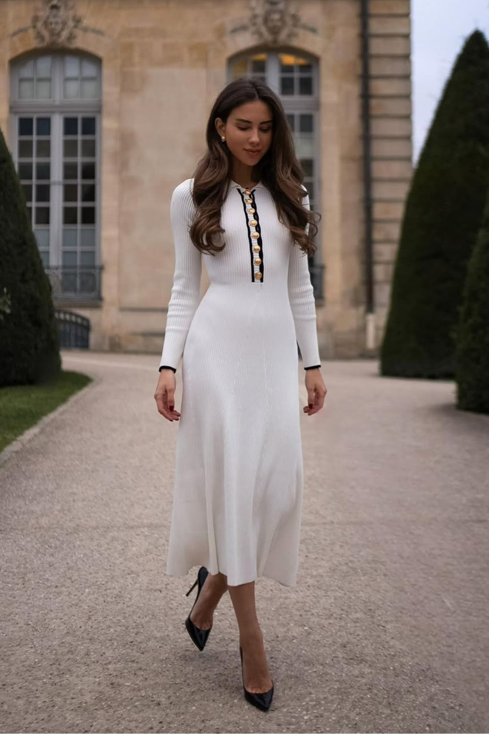White knit midi dress with gold buttons