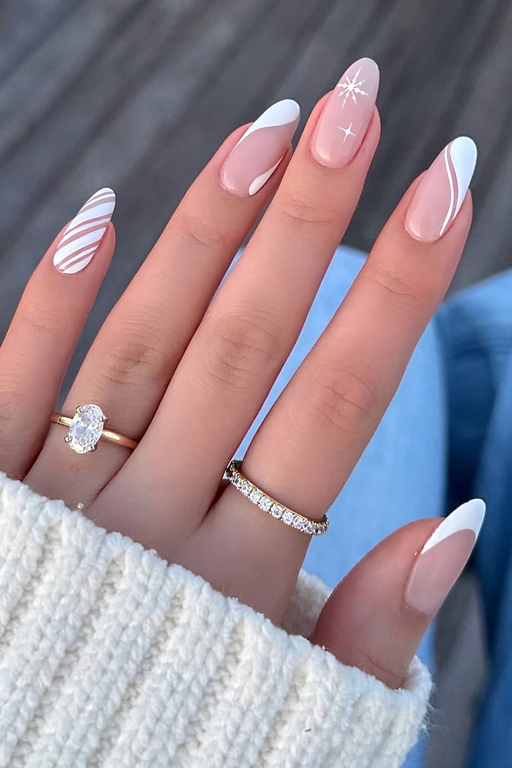 White mani with snowflakes and candy cane stripes