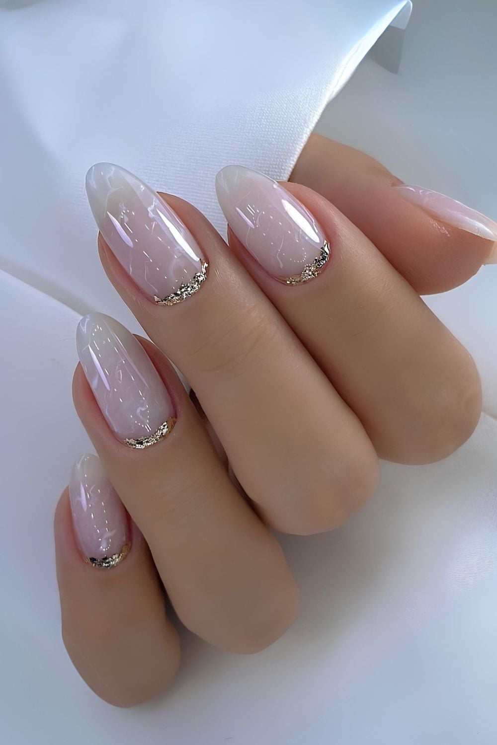 White marble nails with cuticle rhinestones