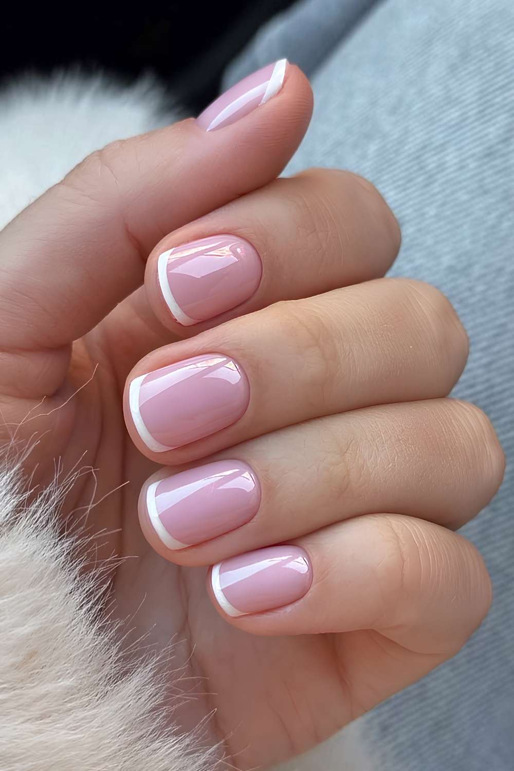 White micro French nails on pink base