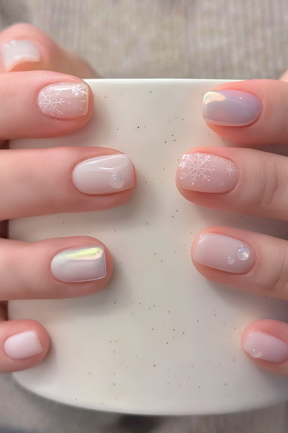 White nails with accent chrome and snowflakes