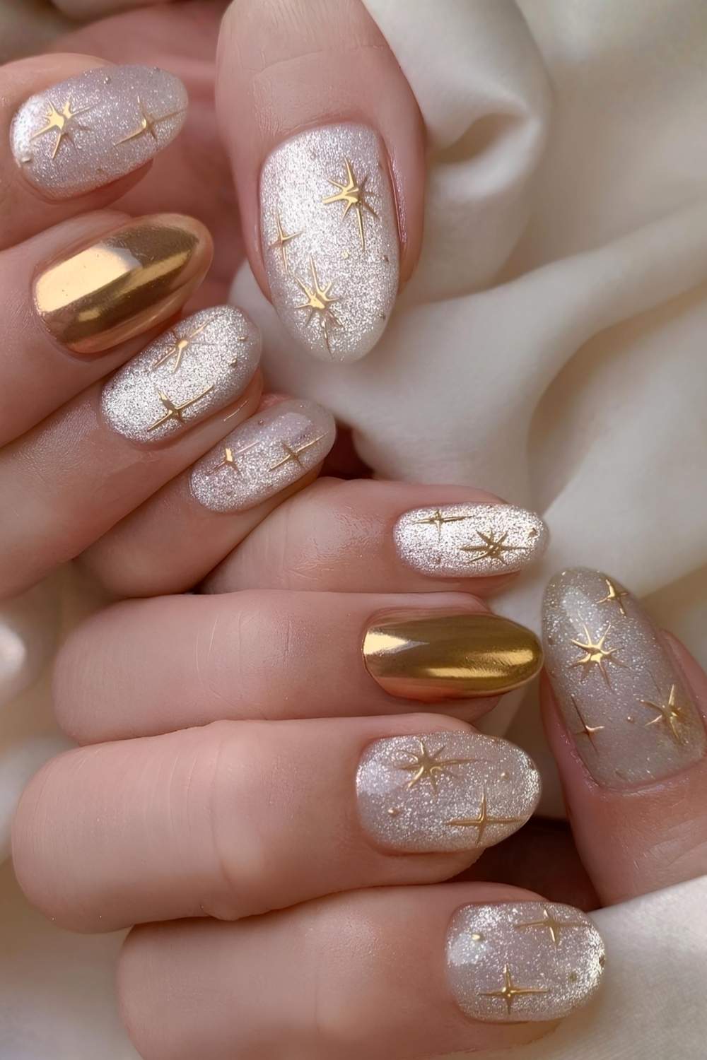 White velvet nails with metallic gold stars