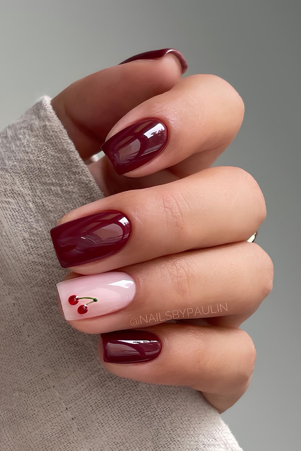 Wine red nails with cherry accent