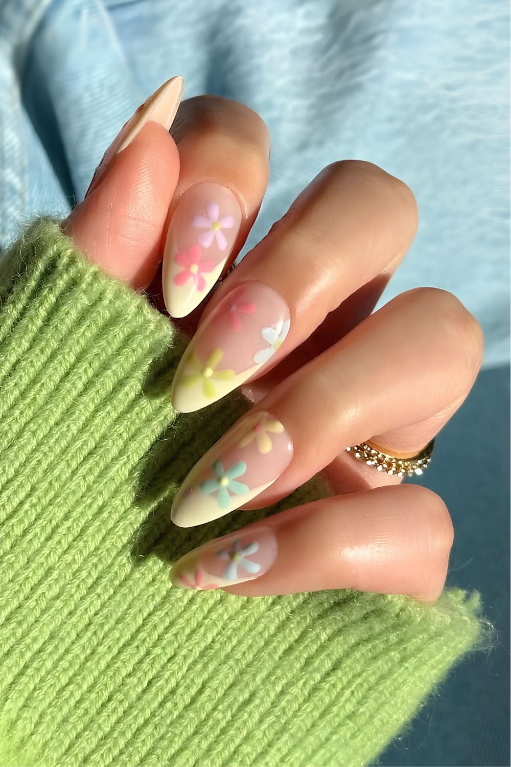 Yellow French mani with colorful flowers