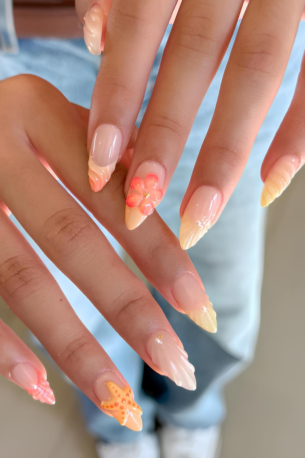 Yellow nails with beach inspired art