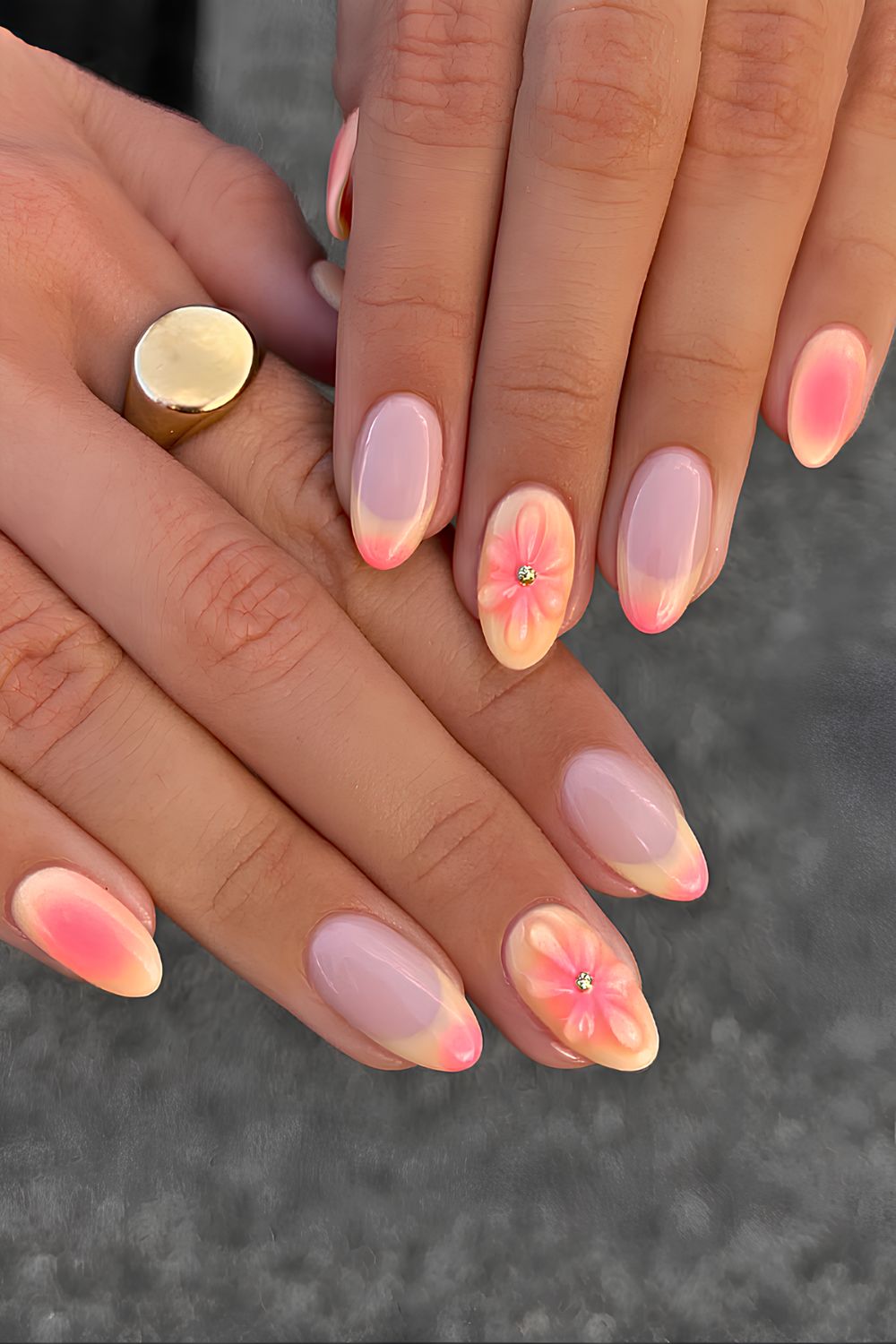 Butter yelow french and solid nails with pink aura details and floral 3D accent