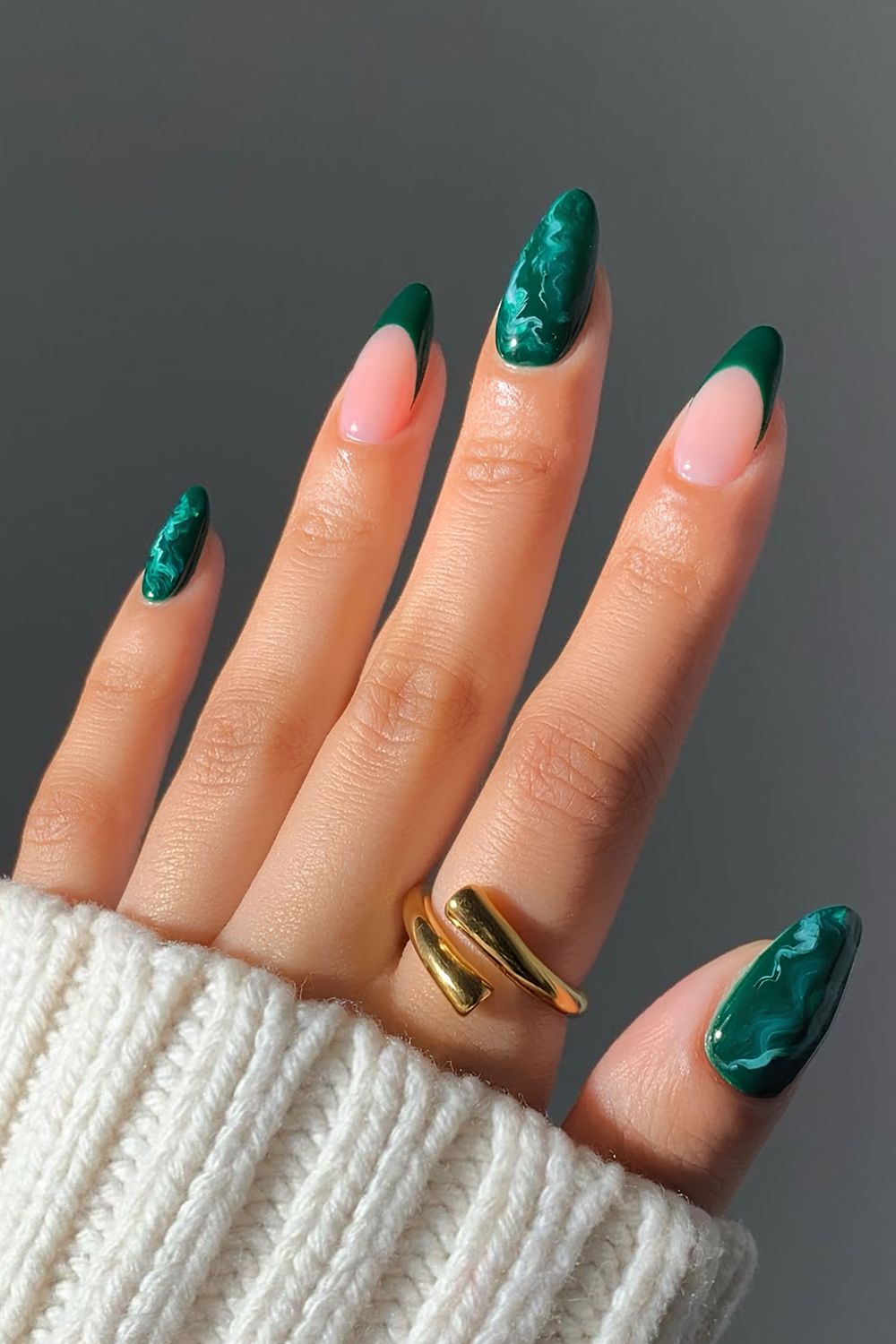 Emeral green French tips and marble nails