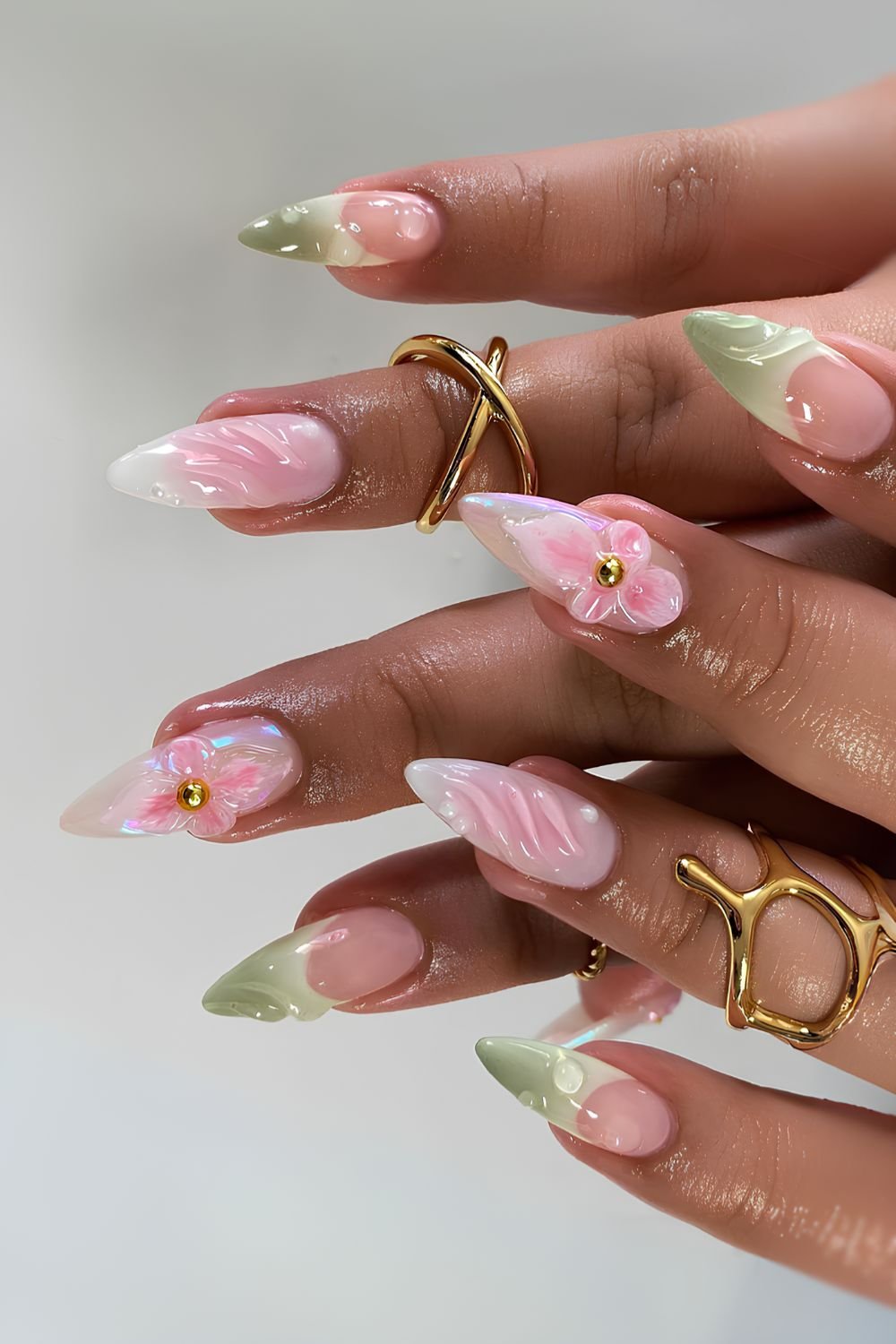 pink and green 3D floral nails
